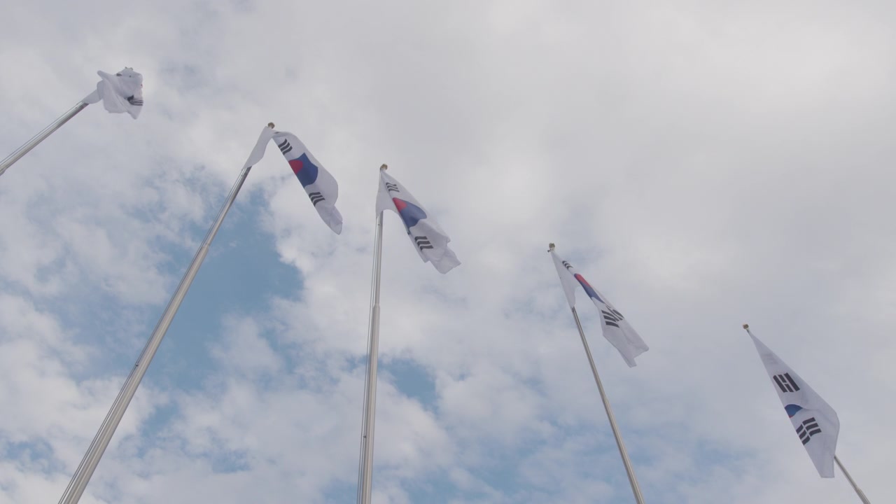 Korean Flags Flying in front of The Government Complex Seoul in Gwanghwamun