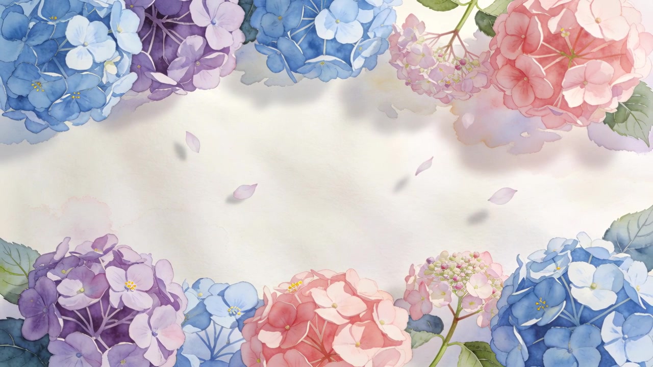 Animating hydrangea floral border sending drifting petals into cream center, framing greeting space