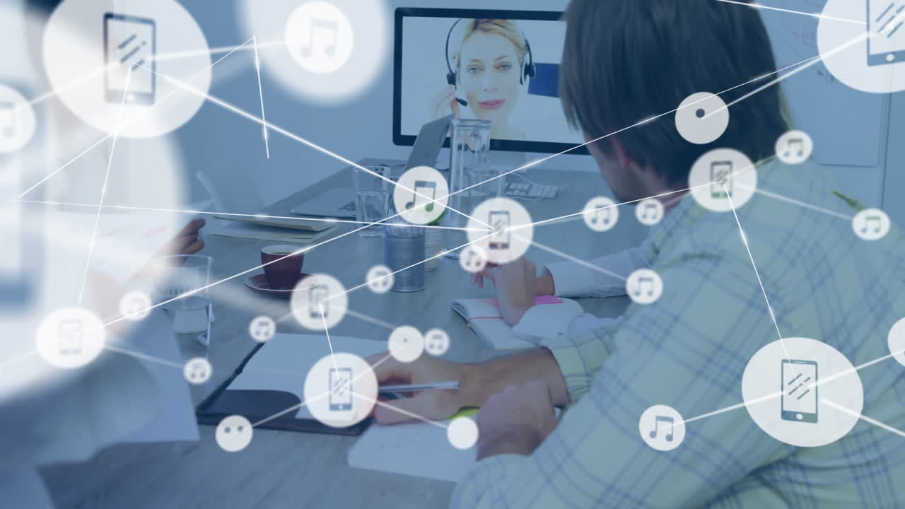 비디오 통화로 비즈니스 회의를 통해 애니메이션 음악 및 커뮤니케이션 아이콘