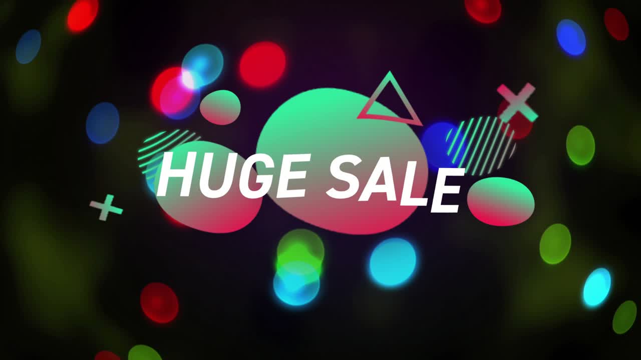 After fade in, gradient blobs merging with shapes while HUGE SALE text expanding and promoting sale