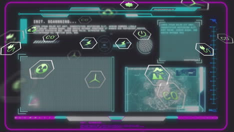 Futuristic HUD interface showing scanning status, neon grid graph trends and floating hex icons