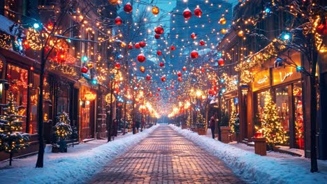 christmas street scene with snow and lights