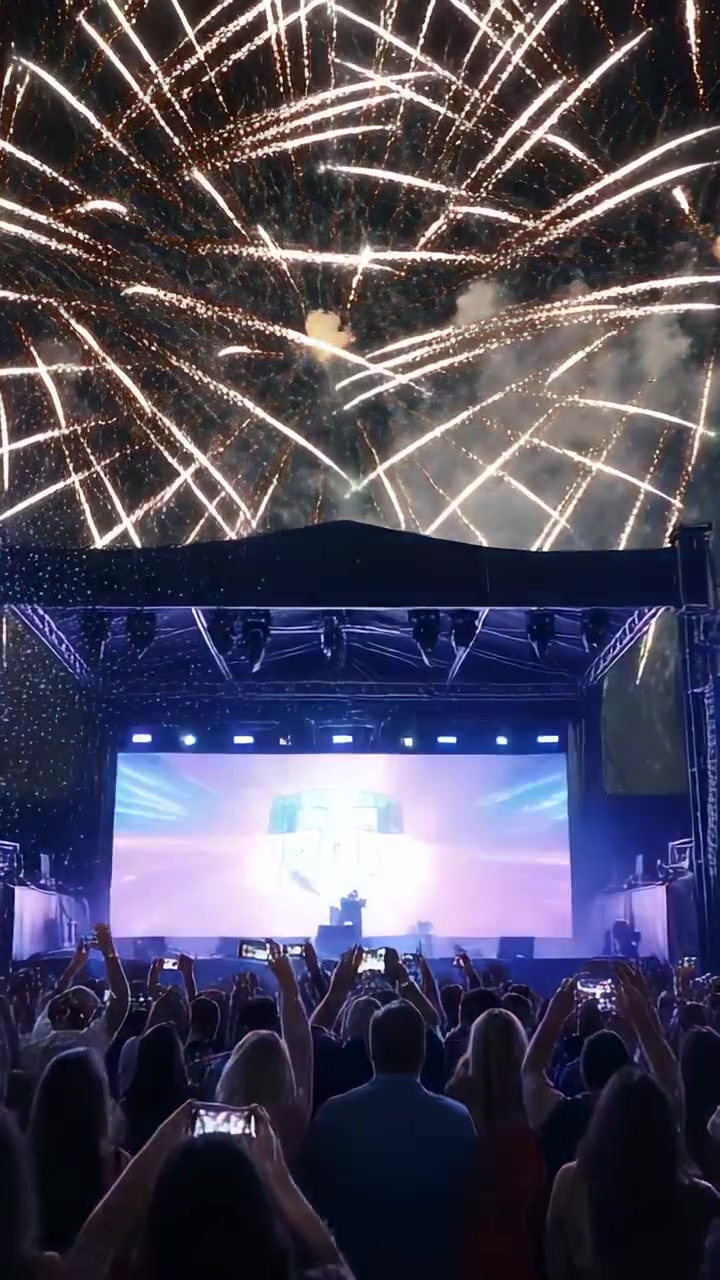 Video verticale: Una folla filma, alzando i telefoni per riprendere il cantante a un concerto mentre vengono lanciati fuochi d'artificio.