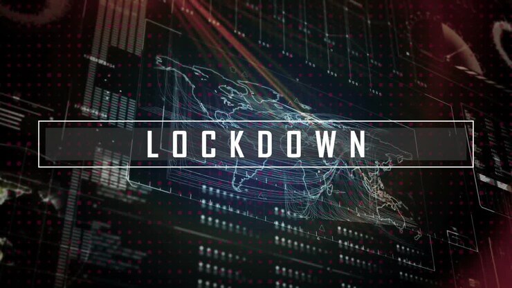 Animation of data processing and world map over lockdown text
