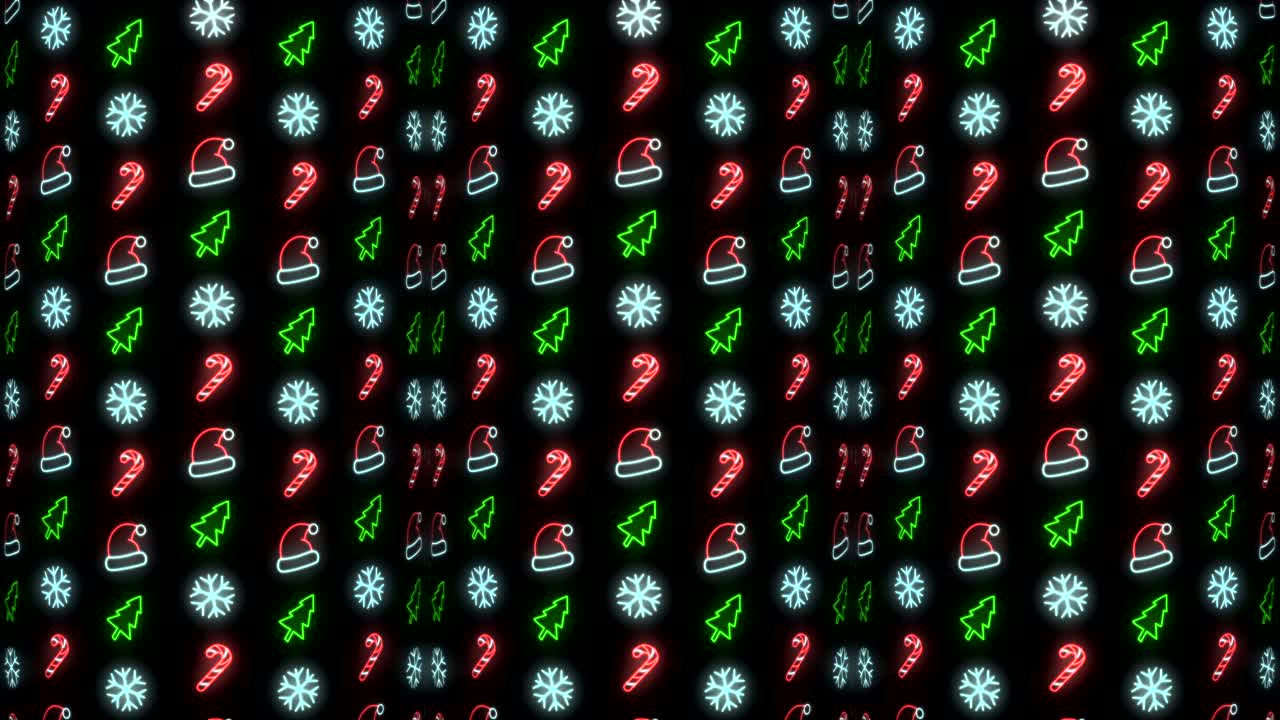 fondo de patrón navideño de neón de árbol de navidad, copo de nieve, sombrero de santa y bastón de caramelo en animación en bucle rojo, blanco y negro