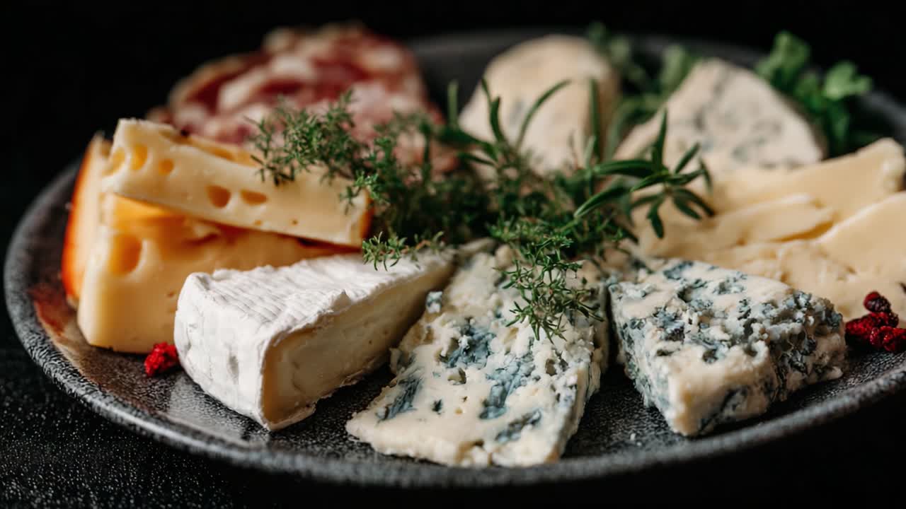 A Delicious Array of Artisan Cheeses and Charcuterie: Discover the Rich Flavors and Textures of Gourmet Cheese Platter with Fresh Herbs and Accompaniments