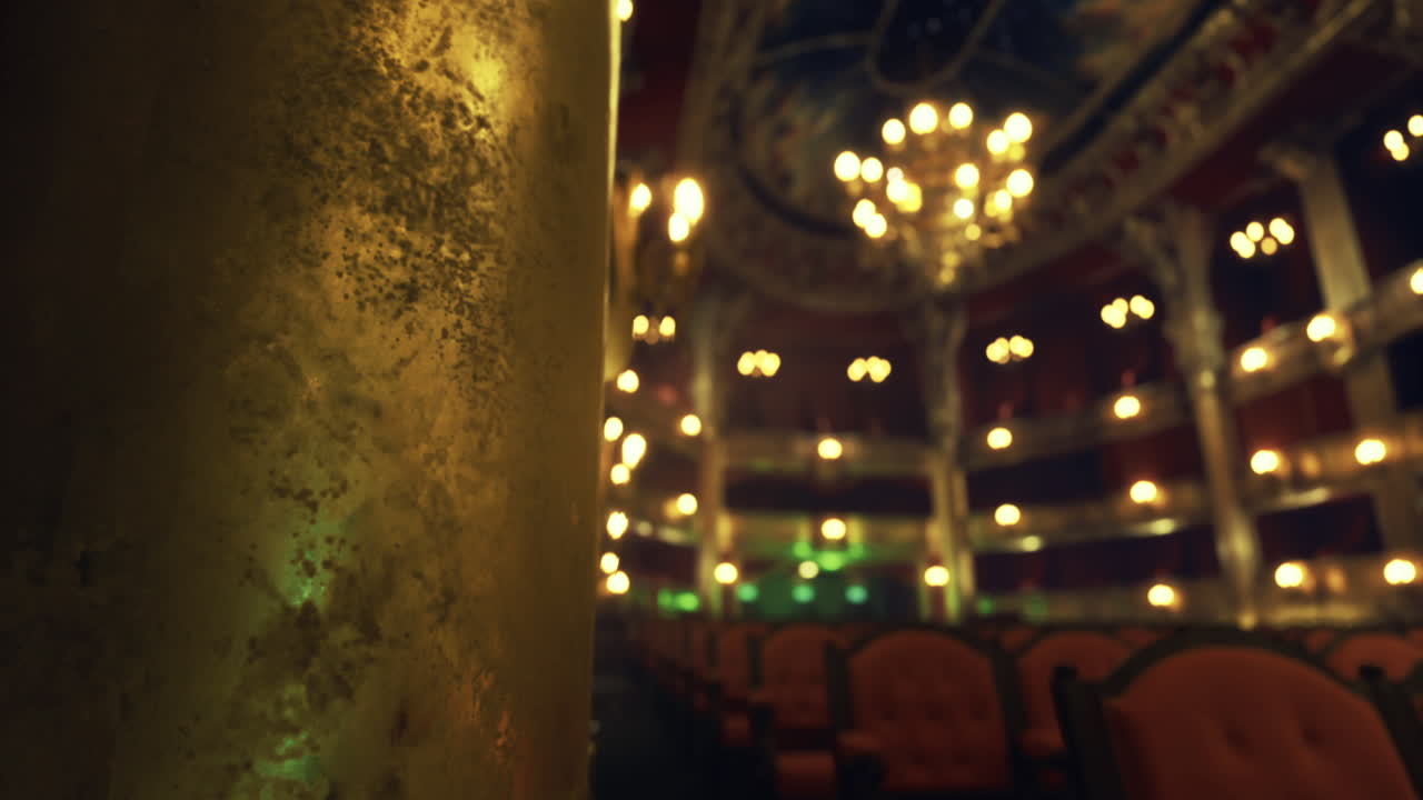 Empty theatre interior with ornate decorations and warm lighting