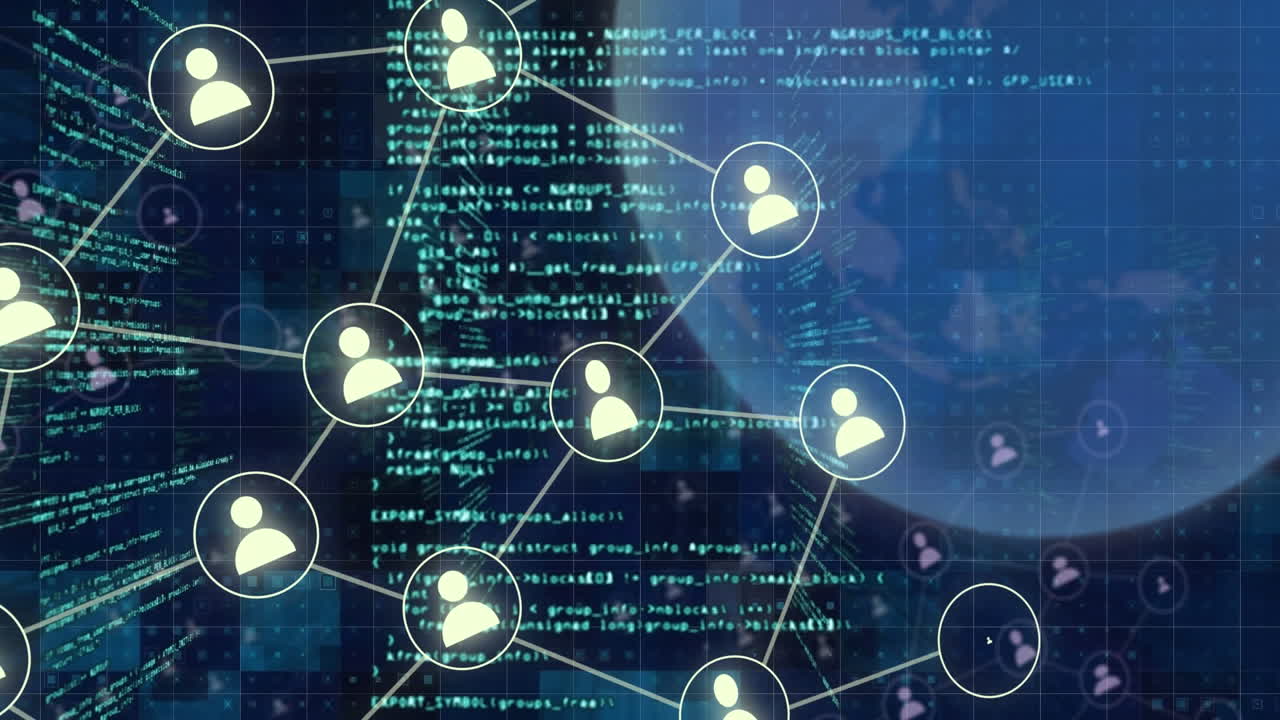 Animation of network of profile icons, spinning globe and data processing against blue background