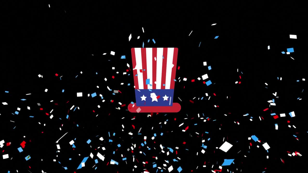 Animation of red and blue confetti falling and hat on black background
