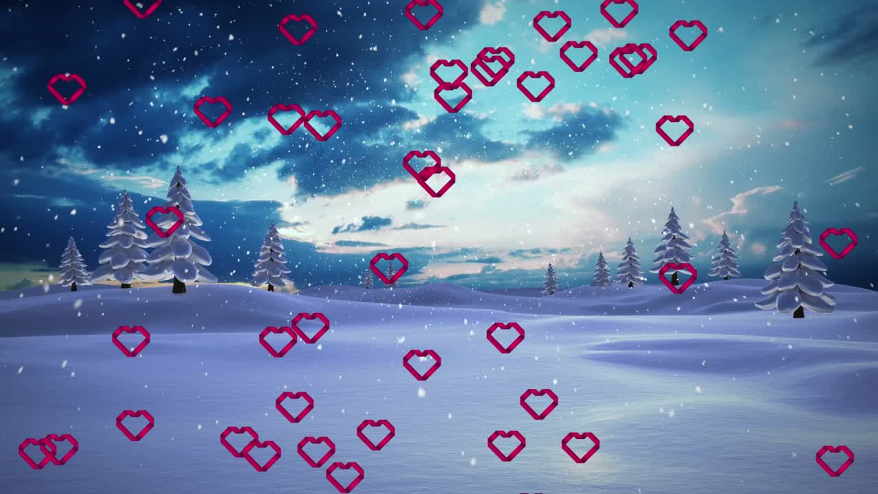 Animazione di cuori e neve che cade su un paesaggio invernale