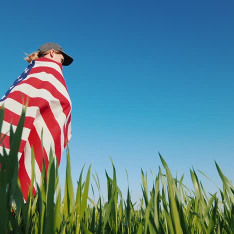 a farmer with a usa flag stands in a field