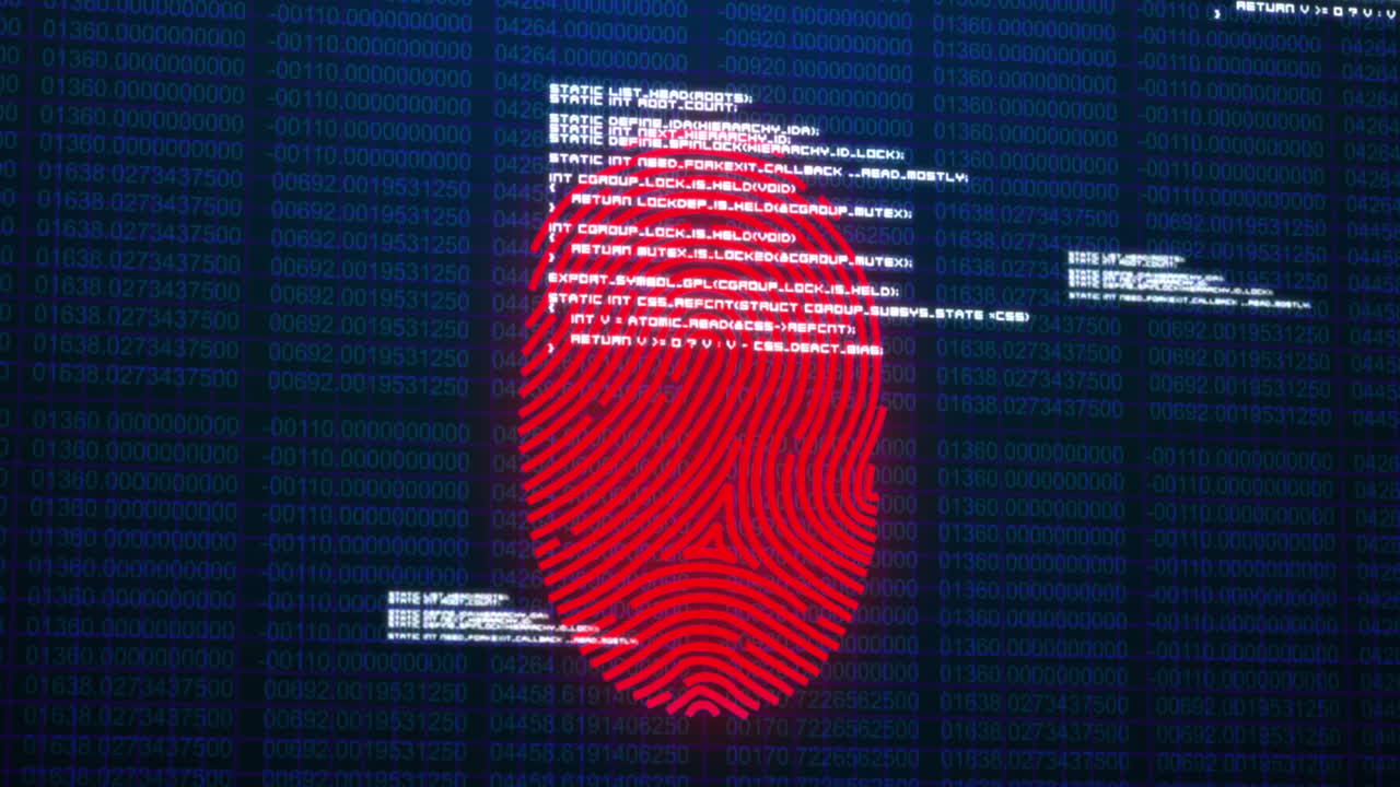 Animation of fingerprint and data processing over black background