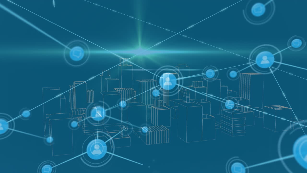 Animation of lens flares, connected icons and 3d model of rotating modern city over blue background