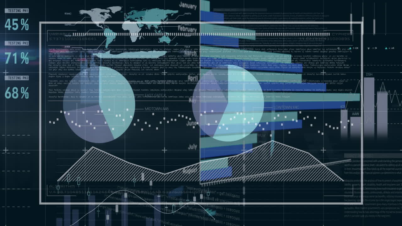 Animation of graphs and data over infographic interface against black background