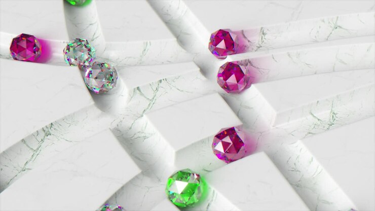 Palline di diamante colorate rotolano attraverso il labirinto di marmo bianco. Sfere verdi, viola. Animazione 3D in loop continuo.