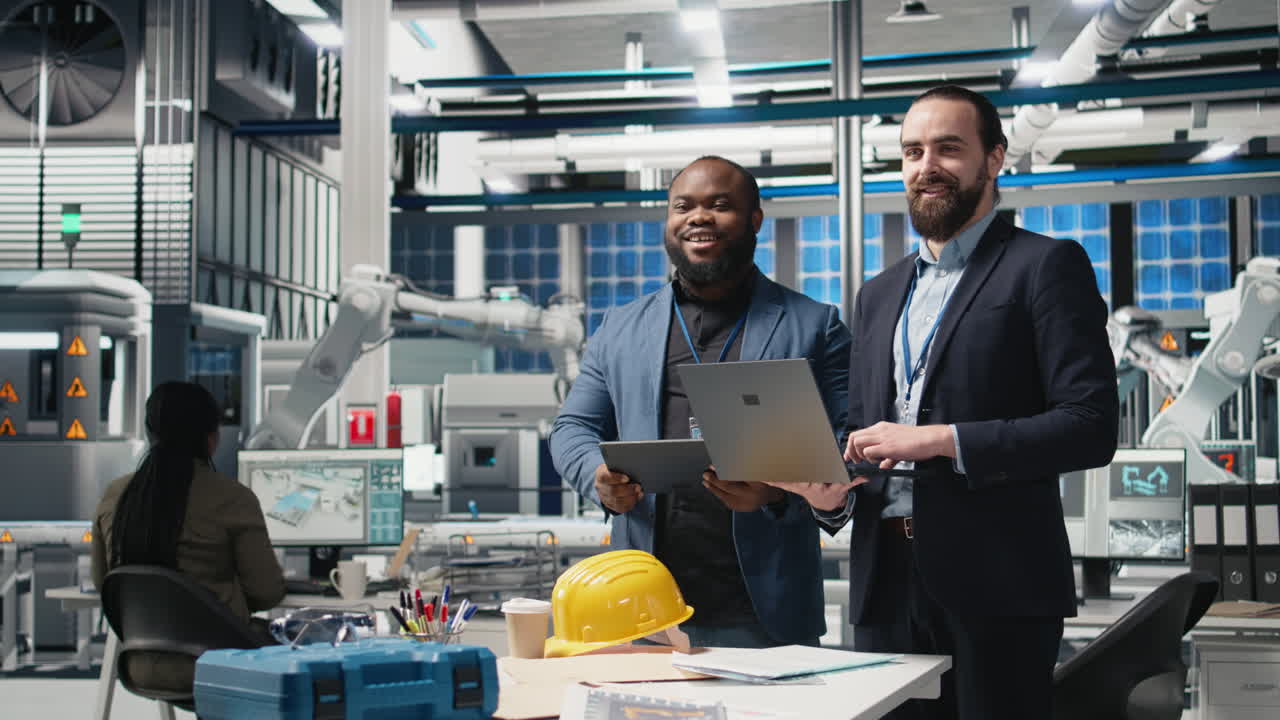 Engineers collaborating in a robotics factory