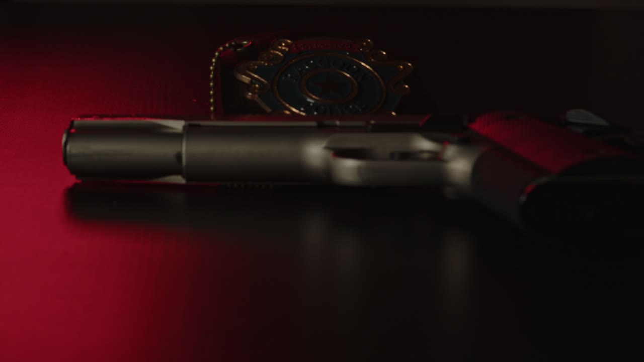 Wide pan over pistol lying on dark surface with a police badge and flashing lights in the background