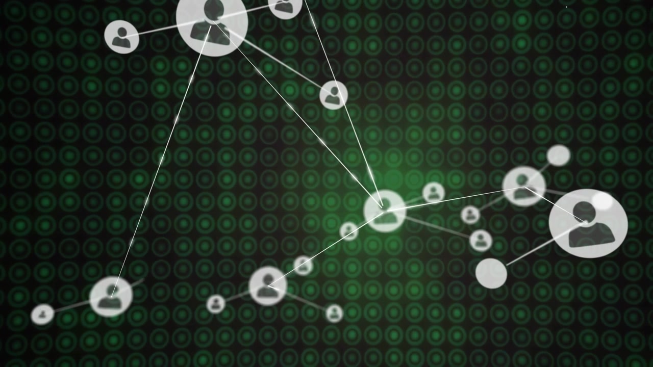 Flat design user silhouette icons connecting over green circle grid, showing digital network flow