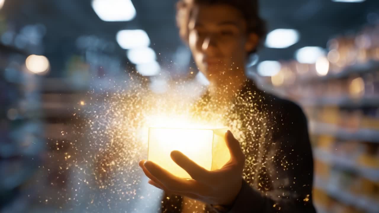 A Mysterious Figure Holds a Glowing Box, Emitting Sparkling Light in an Enigmatic Store Environment, Evoking Curiosity and Wonder in Every Frame