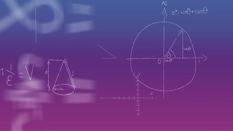 Animation-of-handwritten-mathematical-formulae-over-blue-to-purple-background