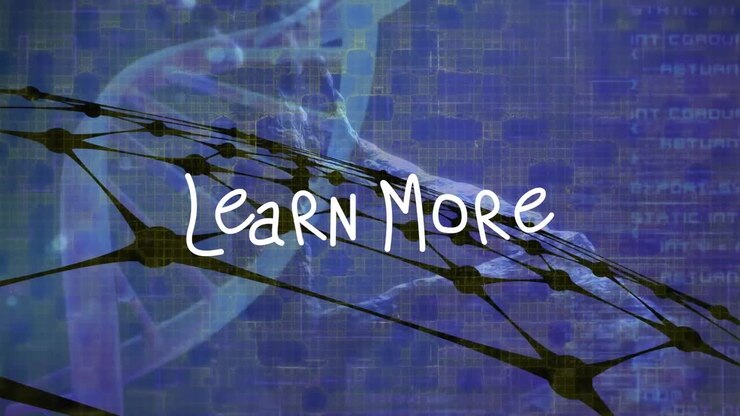 Animation of learn more text over data processing on dark background