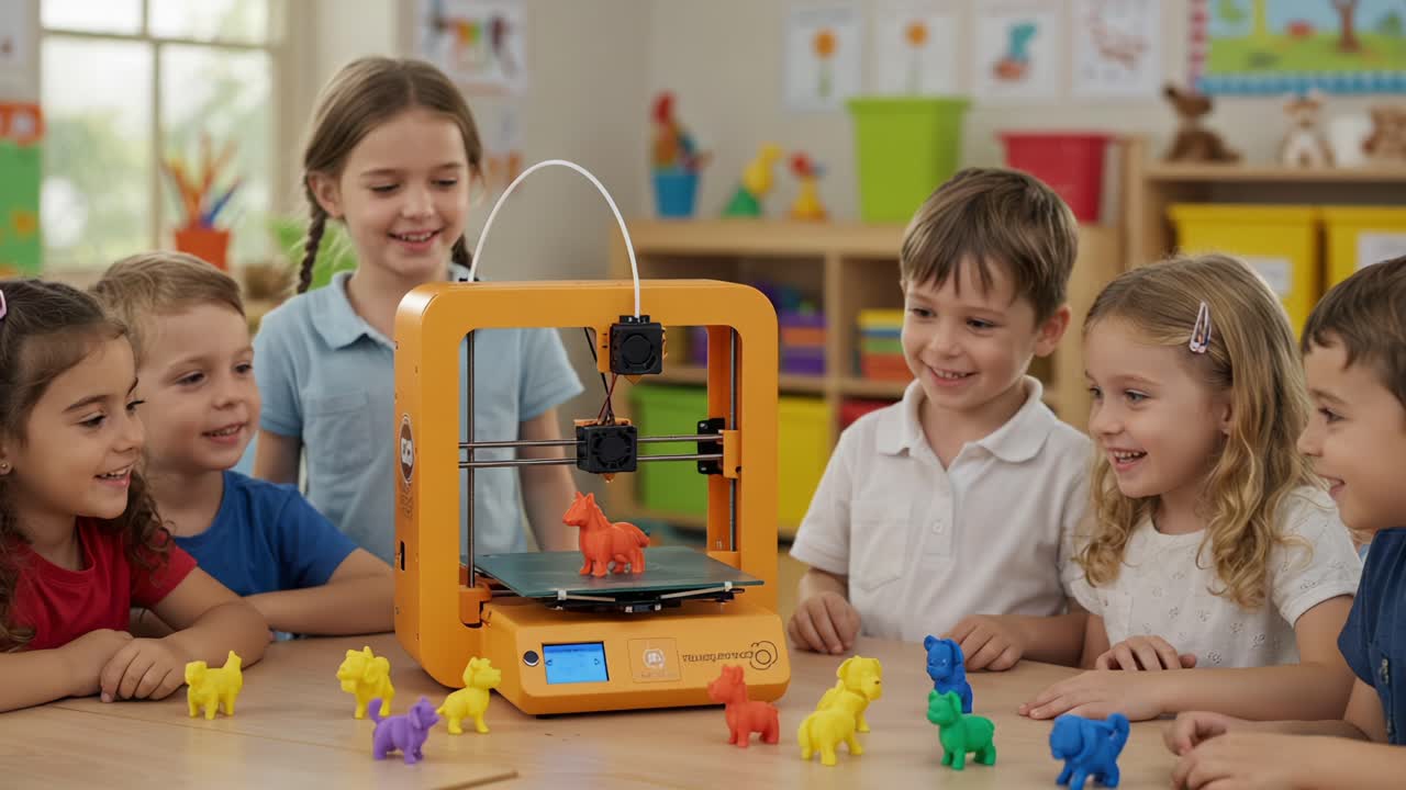 Exciting Learning Experience: Young Children Enthusiastically Observe a 3D Printer in Action, Creating Colorful Toy Animals at Their Classroom During Hands-On Activities