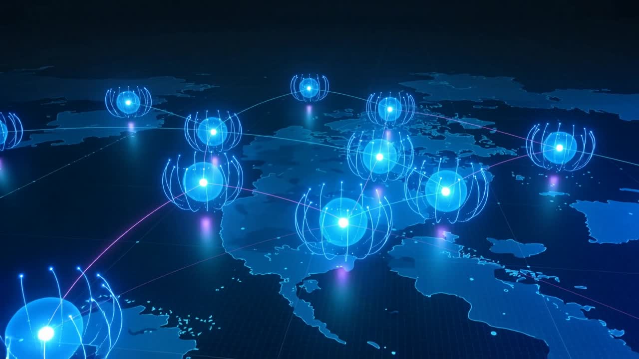 Network nodes receiving data stream, pulsing rings expanding while magenta traces travel across map