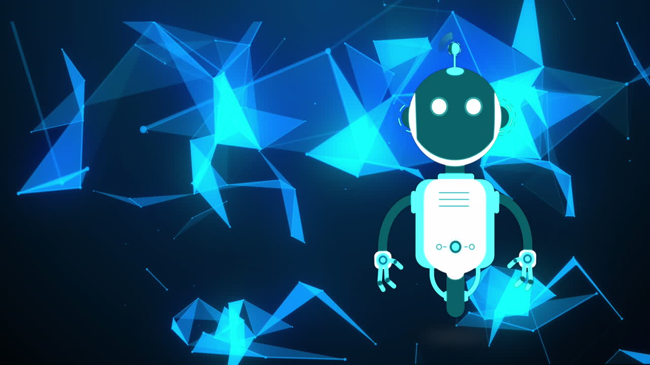 Animation of ai chat bot over blue networks on black background
