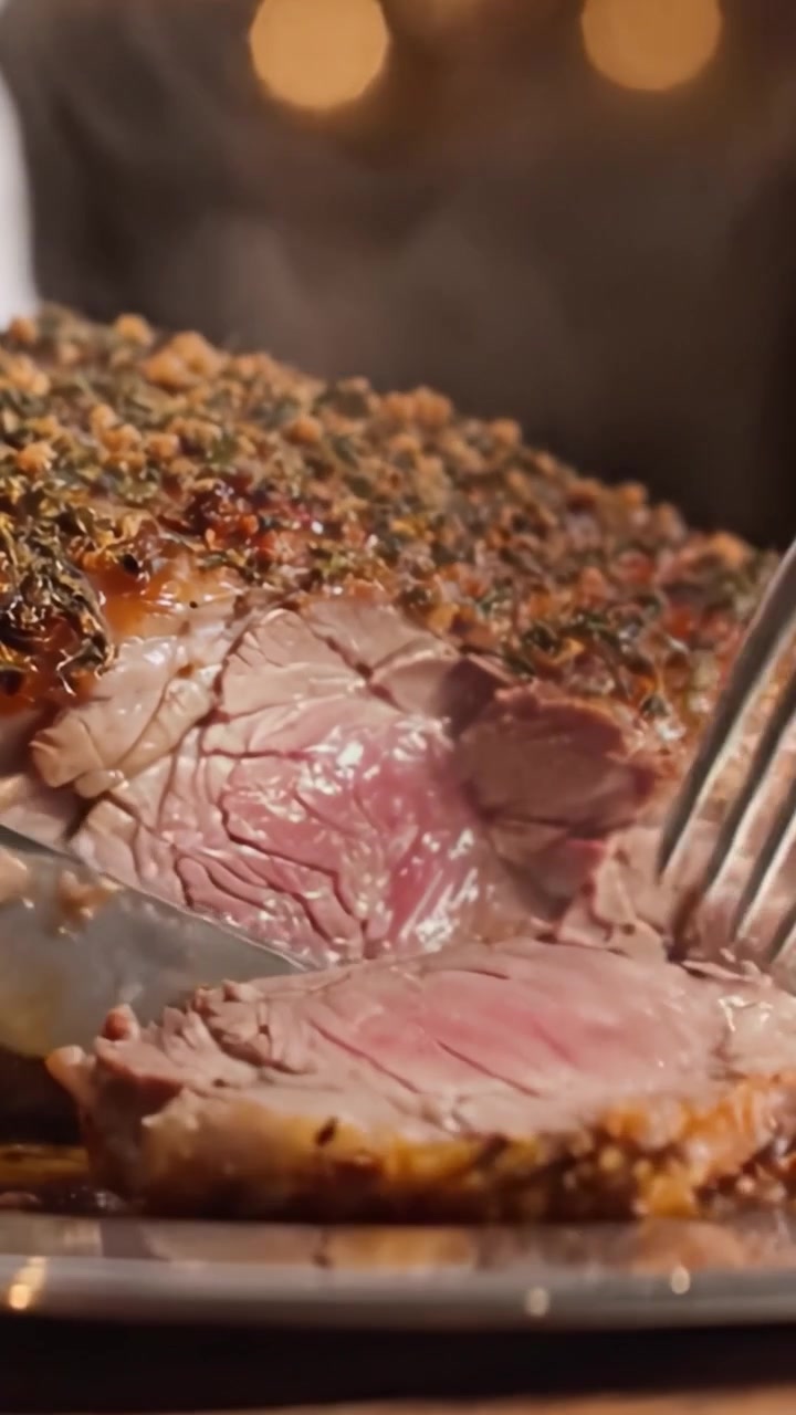 Carne arrosto succulenta glassata con erbe aromatiche e condimenti, catturata con dettagli mozzafiato, cotta alla perfezione per essere succosa e pronta per essere gustata