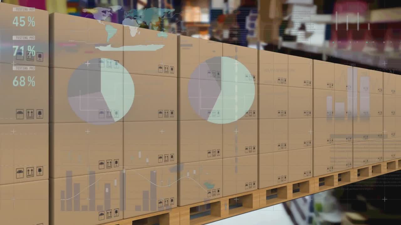 배경에서 컨베이어 벨트에 있는 카드보드 상자 위에서 통계 처리의 애니메이션