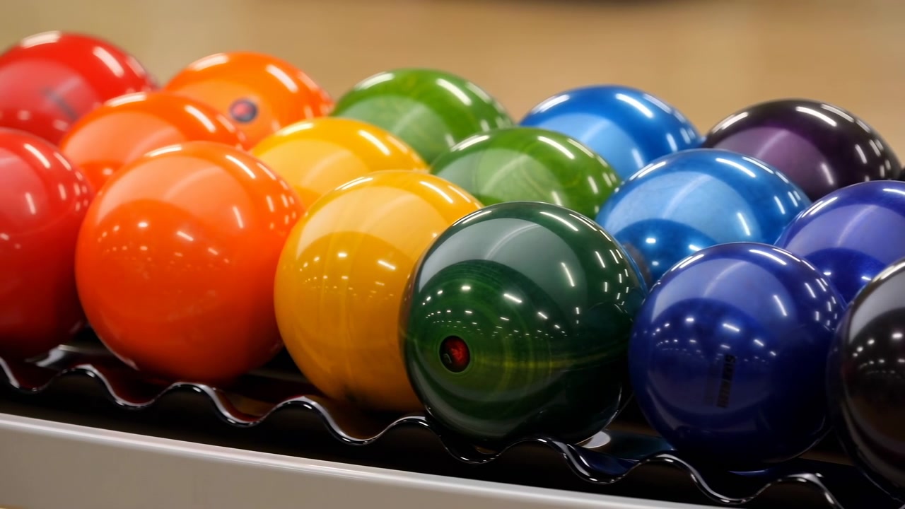 Scène en gros plan montrant des boules de bowling soigneusement rangées sur un support métallique dans un bowling, avec des surfaces polies, des couleurs vives, des reflets lumineux, un bokeh doux et une ambiance de loisirs évidente.