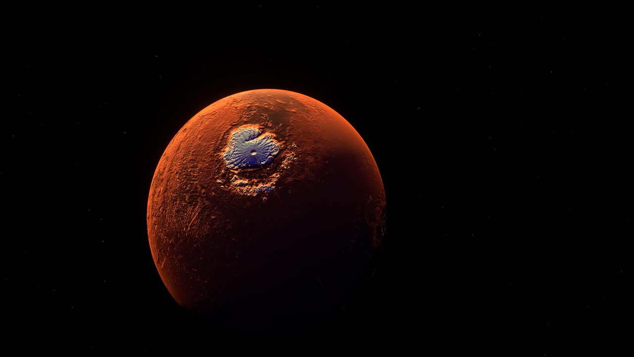 Sun orbit from behind futuristic red Mars barren textured planet in outer space