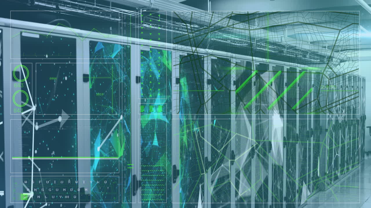 Animation of interface with data processing and plexus networks against computer server room