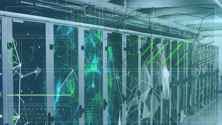 Animation of interface with data processing and plexus networks against computer server room