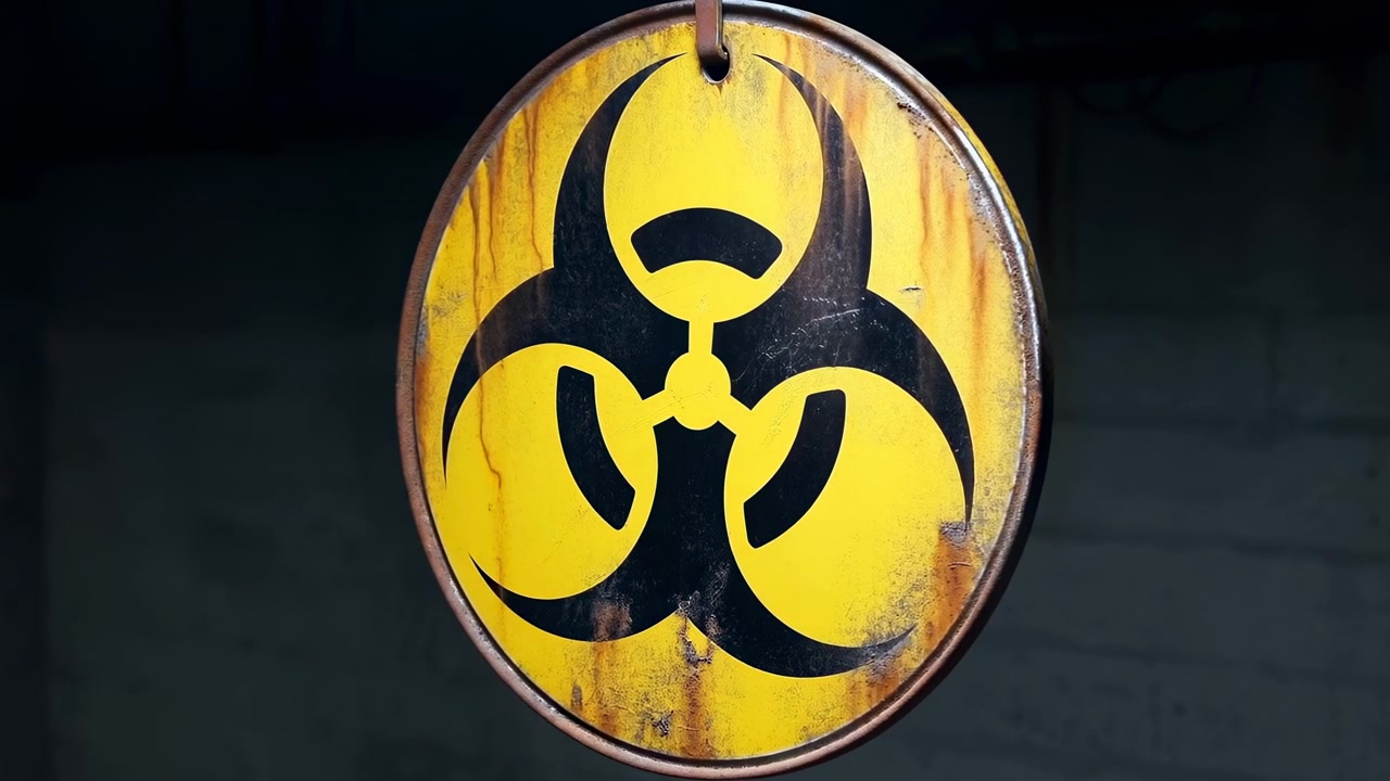 Zbliżenie od przodu ukazuje okrągły żółty metalowy znak z czarnym symbolem zagrożenia biologicznego, zawieszony na haku w słabo oświetlonym wnętrzu przemysłowym, z rdzą, brudem i detalami zwietrzałej powierzchni, z motywem biohazardu.