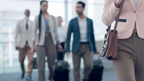 Walking,-body-or-businesswoman-with-bag-in-airport