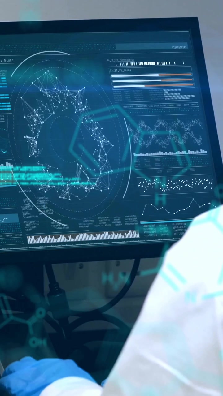 Animation of chemical formula and data processing over caucasian female scientist in lab