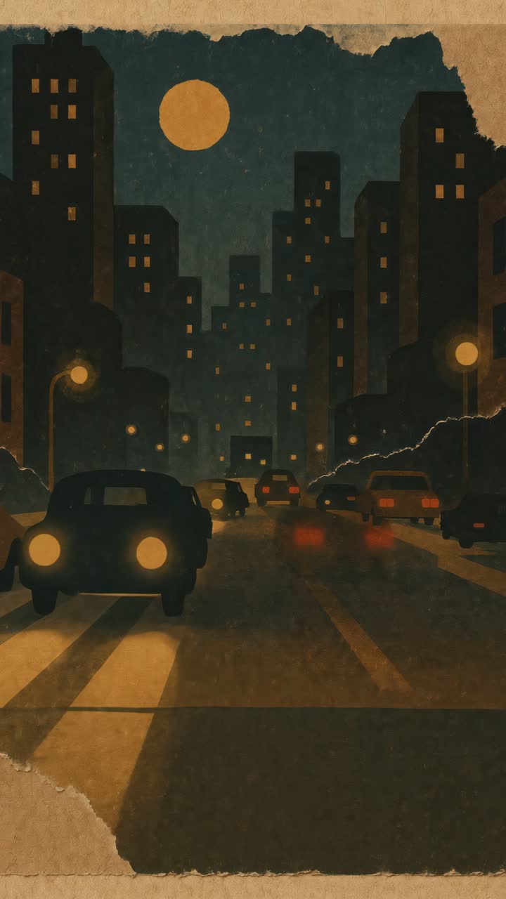 Vintage-style video concept of a cityscape at night, viewed from a low angle, showcasing cars