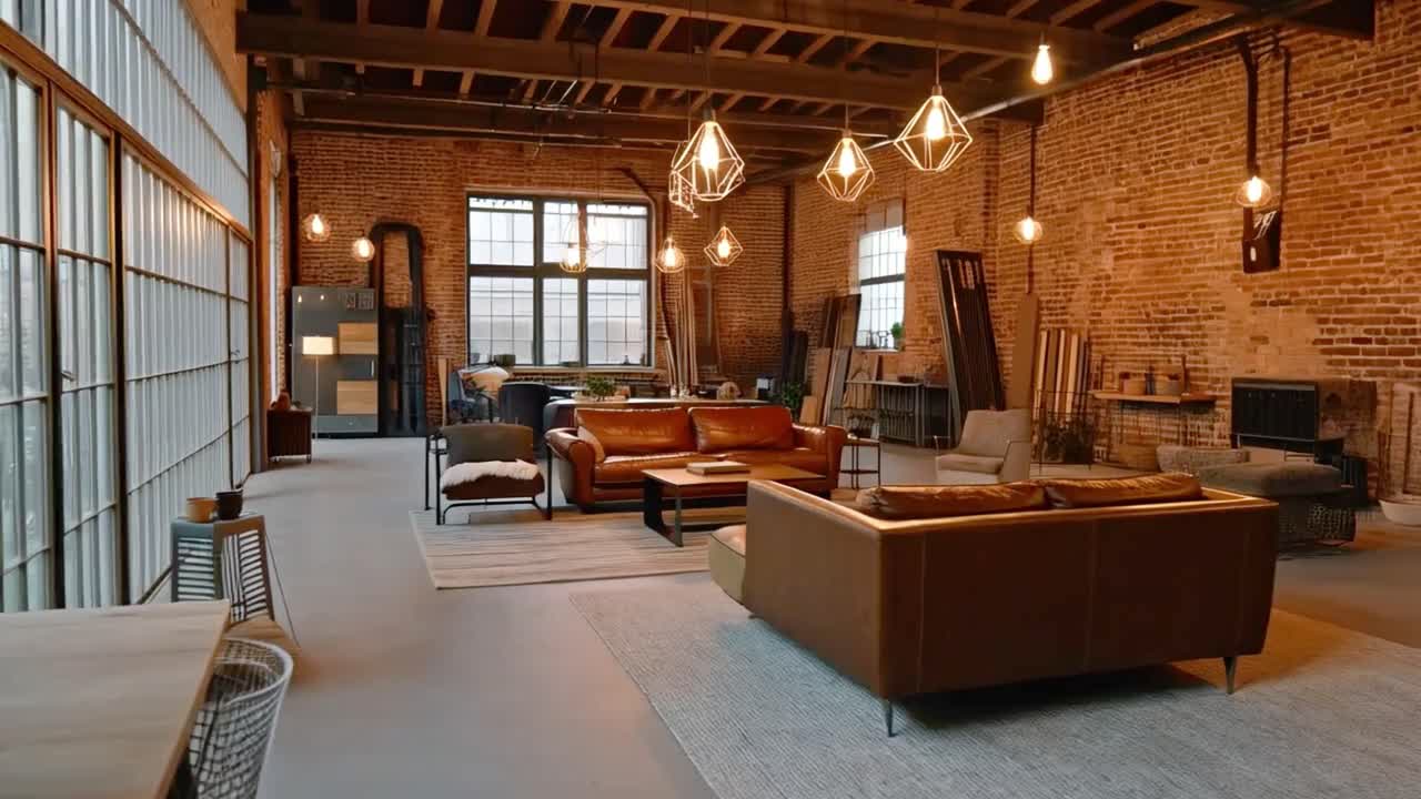 Industrial Style Living Room with Leather Sofas and Brick Walls