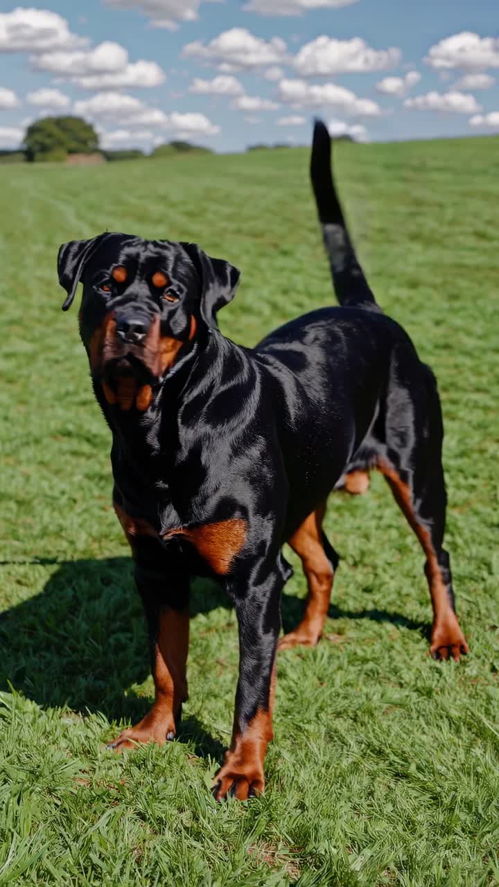 A Rottweiler stands alert on a grassy field under a blue sky