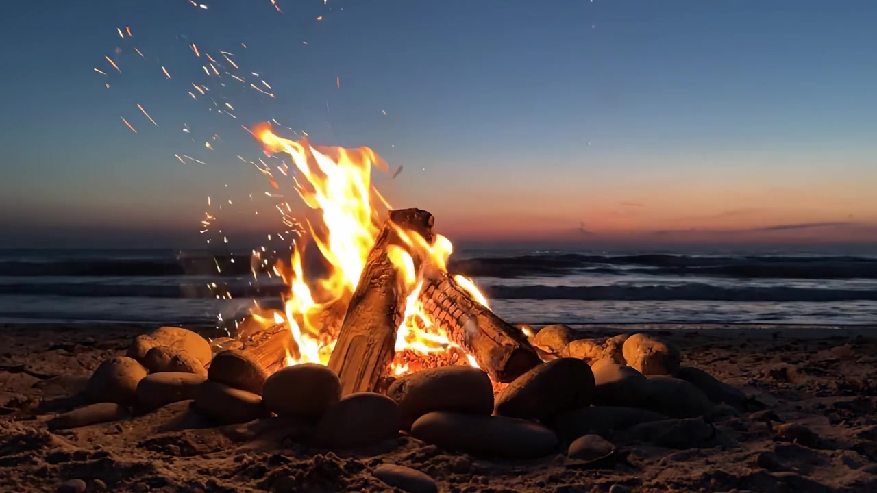 Et fengslende strandbål lyser opp nattehimmelen mens flammene danser og knitrer blant glatte steiner, og skaper en varm og innbydende atmosfære ved havet.