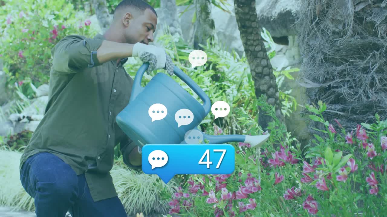 Kneeling gardener pouring water from can causing social media comments climbing over pink blooms