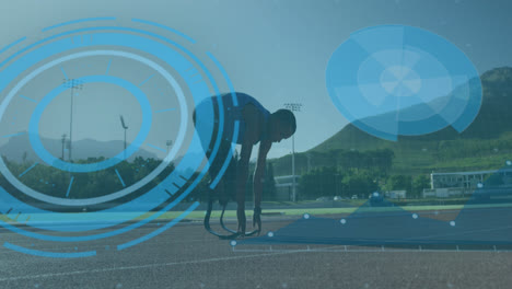 animación de datos digitales sobre hombre discapacitado afroamericano entrenando con cuchilla de correr