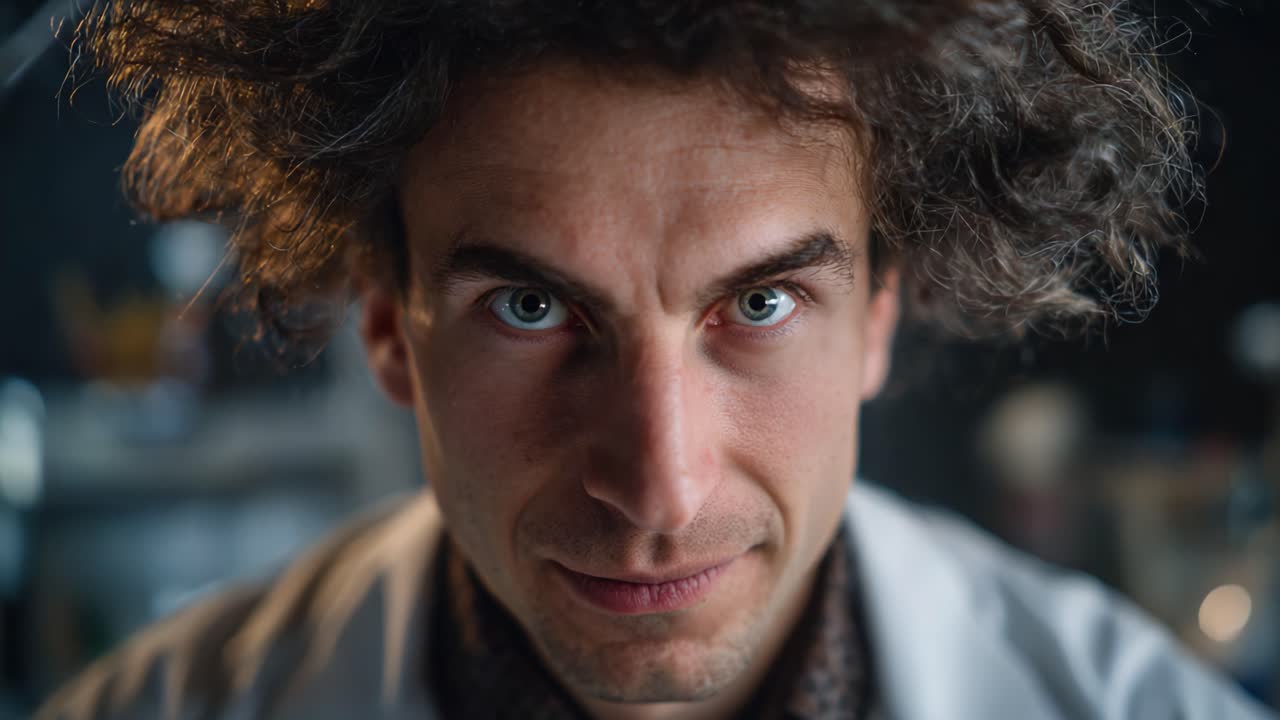 Scienziato anticonvenzionale con capelli selvaggi a fuoco: espressioni accattivanti e sguardo intenso in un ambiente di laboratorio, che riflettono innovazione e curiosità