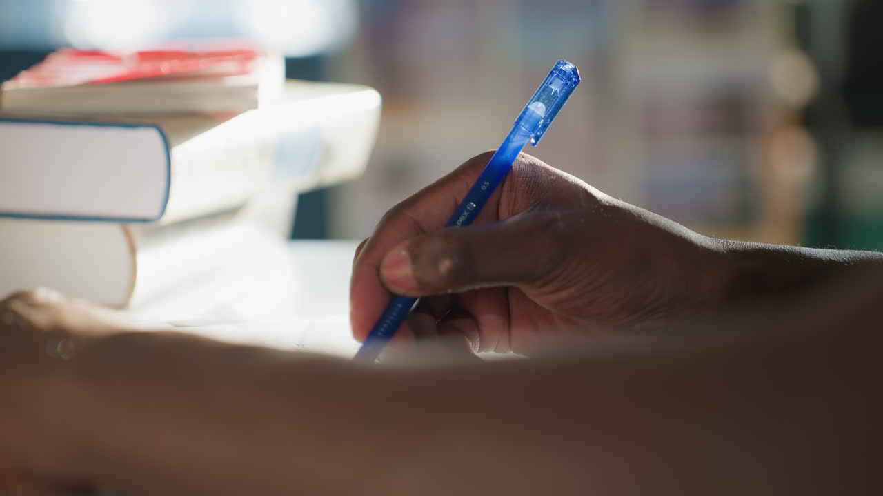 Close up of dark skinned hand holding blue pen while writing beside stack of books in soft sunlight, blurred background creating warm atmosphere, capturing focused moment of note taking, study