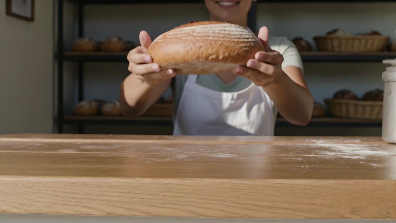 Responding to camera cue, baker in white apron lifting, placing loaf at bakery counter with flour