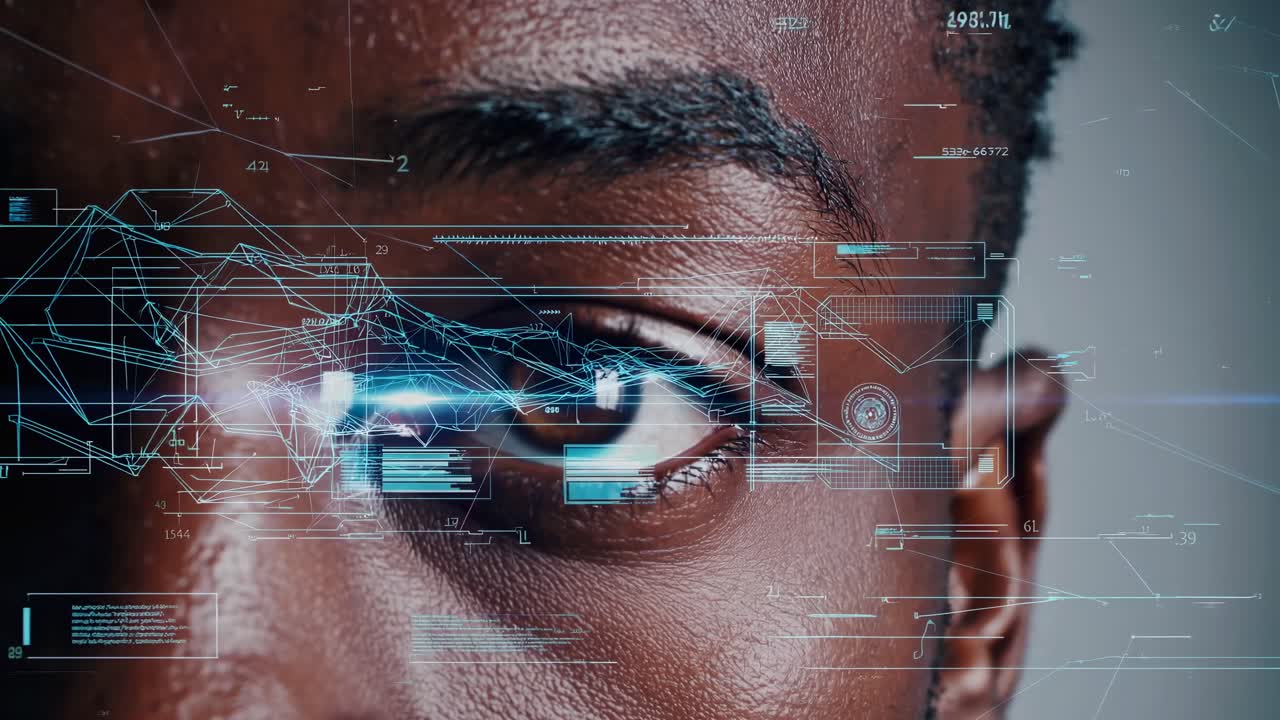 Close-up of an eye with digital HUD overlays, showcasing a futuristic and technological concept