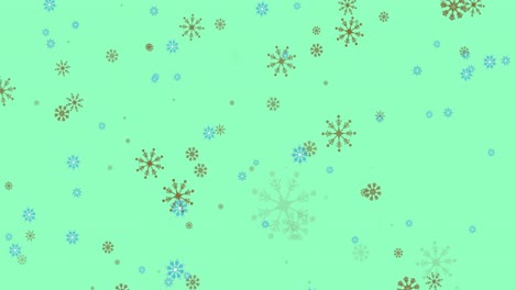 Animation-of-christmas-snow-falling-and-decorations-on-green-background