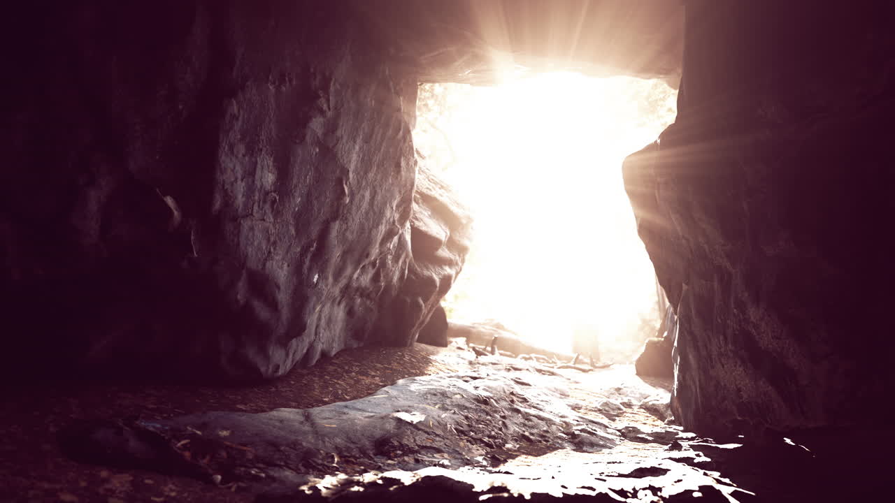 sunlight filters into a wet stone cave
