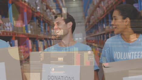 animation of financial data processing over three diverse warehouse worker